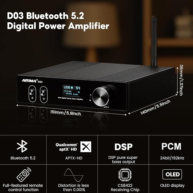 AIYIMA D03 Bluetooth 5.0 DAC Amplifier 150 Watt x 2 Stereo HiFi 2.1 CH Digital