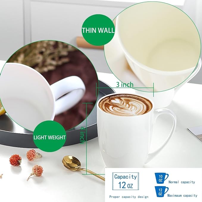 Chulan White Over 45% Bone Content Fine Bone China Coffee Mugs 10 oz,