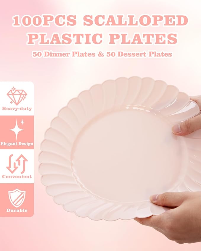 YOUBET 100PCS Pink Scalloped Plastic Plates