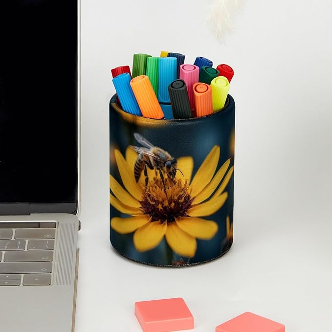 Leather Pen Holder for Desk, Honeybee Pencil Cup Pen Organizer Makeup Brush