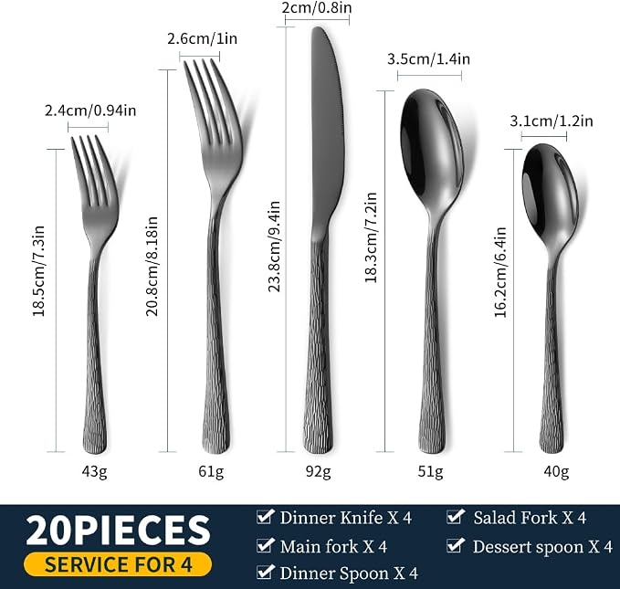 Hammered Black Silverware Set, Flatware Set, 18/10 Stainless Steel Premium