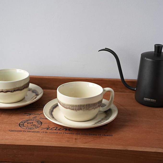 Bosmarlin Ceramic Cappuccino Cup and Saucer Set of 2, 10 Oz, Dishwasher and