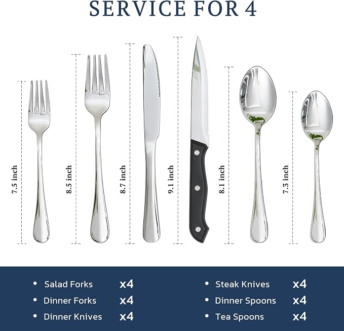 Astercook Silverware Set with Steak Knives 24-Piece Flatware Set