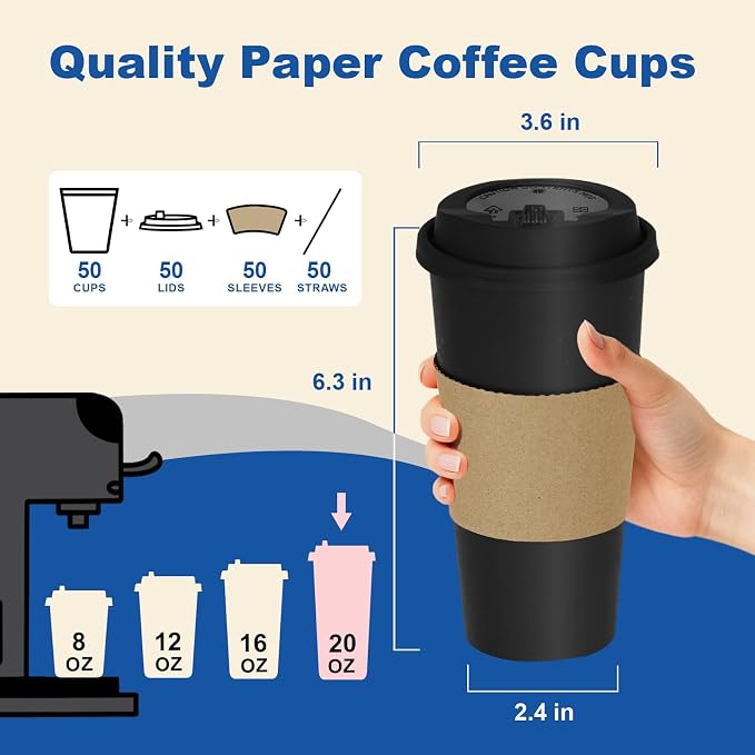 20 oz 50 Pack Coffee Cups with Lids and Sleeves, Hot Disposable To Go Travel