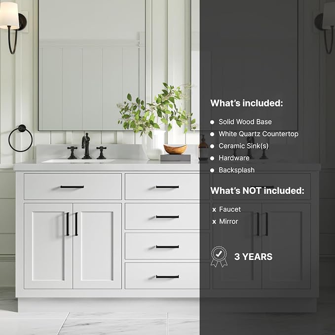 73" White Double Vanity, 1.5" Edge Pure White Quartz Countertop