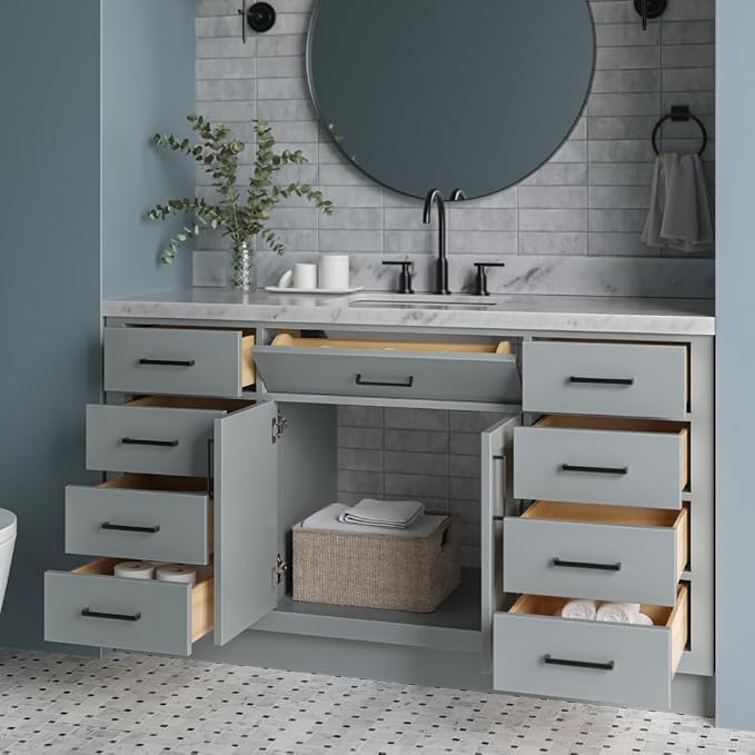 61" Grey Bathroom Vanity, 1.5" Edge Italian Carrara Marble Countertop