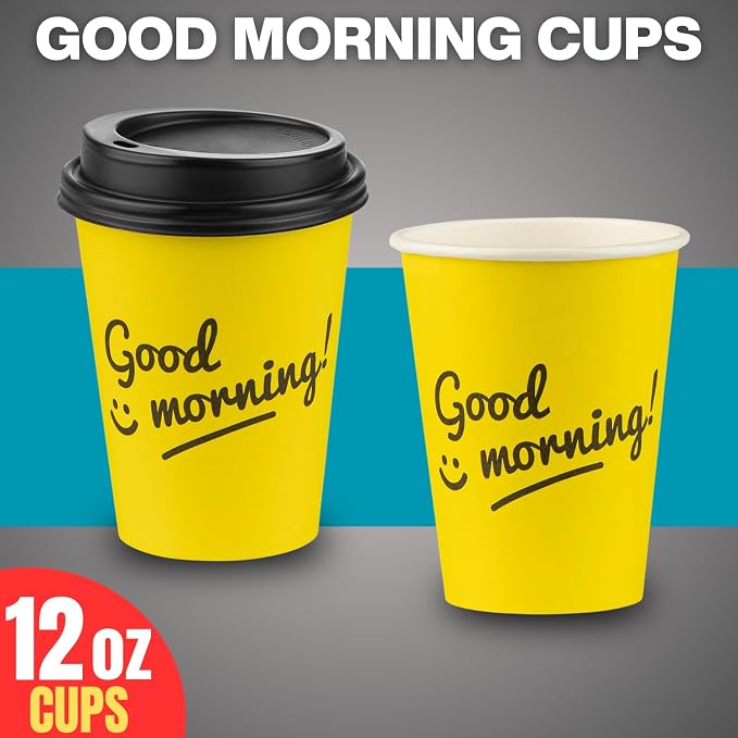Disposable Coffee Cups with Lids, To Go Paper Hot Cups, Good Morning Design