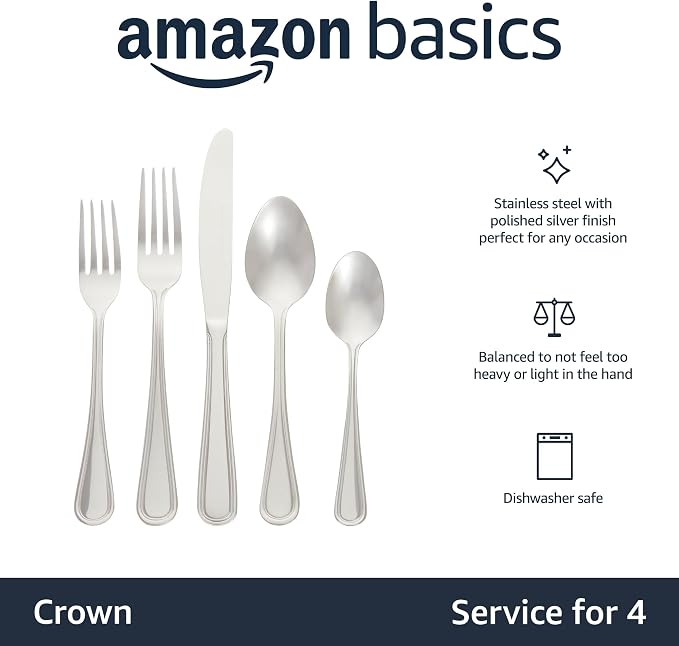 Amazon Basics Silverware Set, Stainless Steel Flatware, Dishwasher Safe