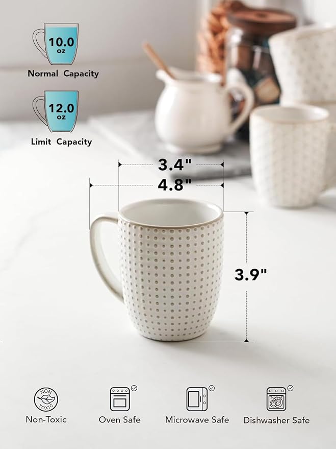 LE TAUCI Coffee Mugs 12 oz, Ceramic Mug Set Set of 4, Embossment Cups