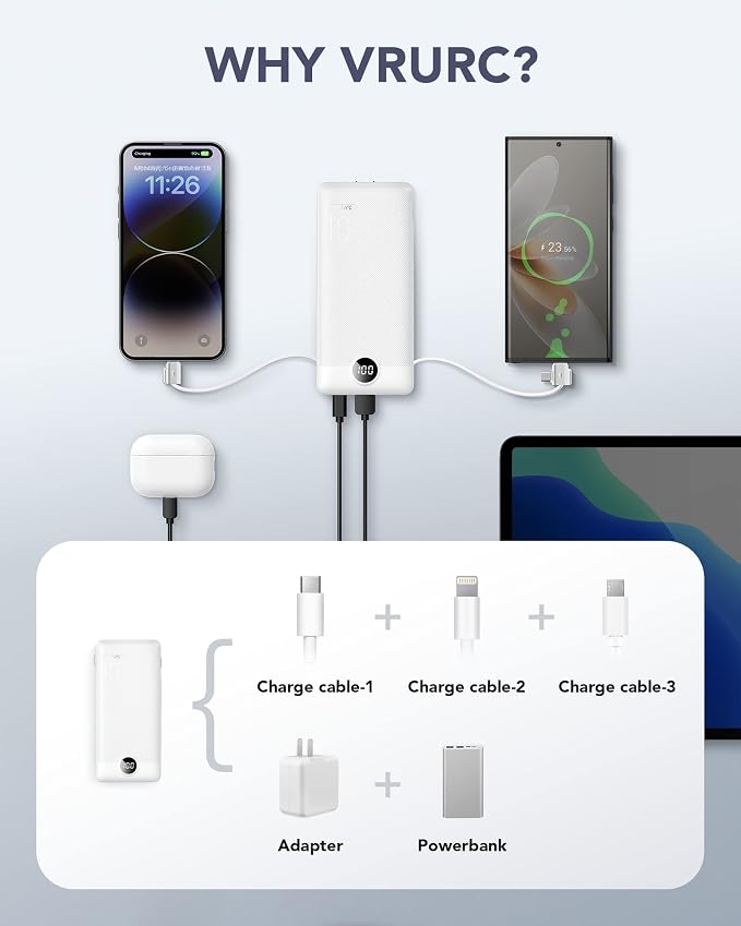 VRURC Portable Charger, Power Bank Built-in Cables and AC Wall Plug, USB C