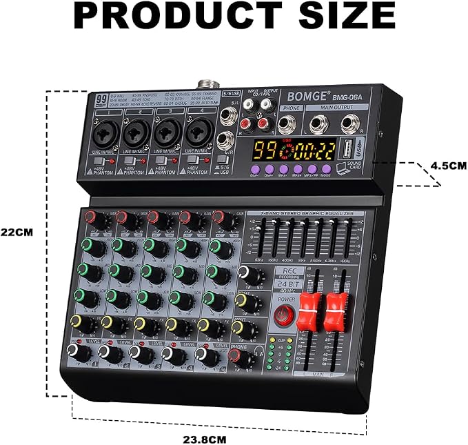 BOMGE 06A Professional 6 Channel DJ Audio Mixer, DJ Controller Sound Mixer