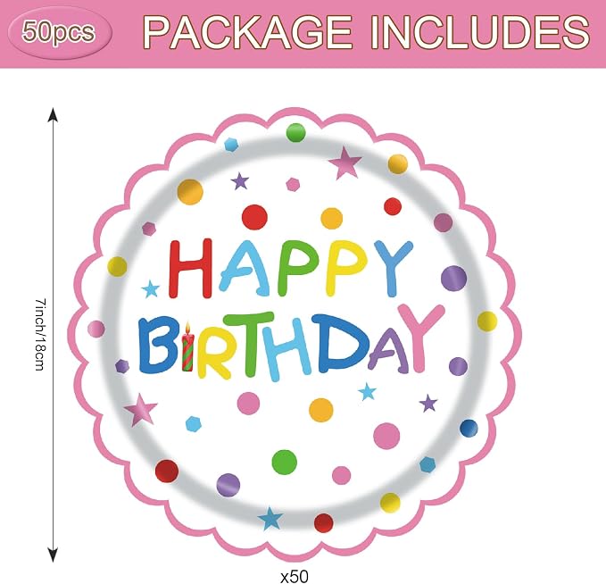 50Pcs Birthday Paper Plates 7inch Party Dessert Plates Supplies Colorful