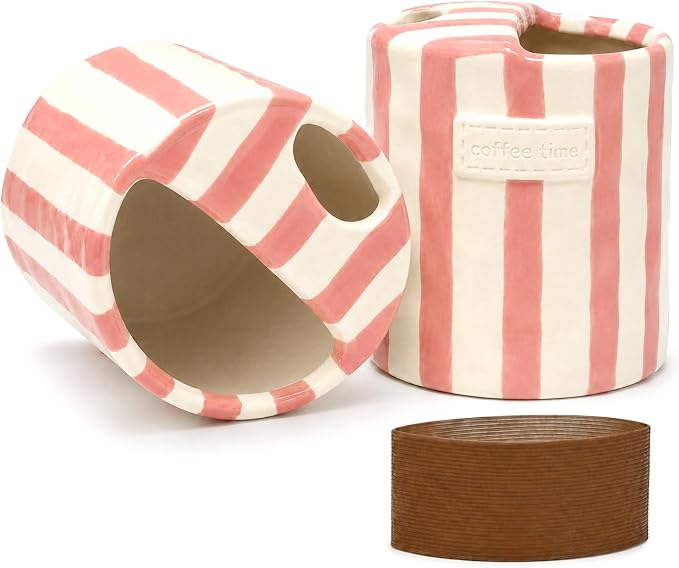 Ceramic Coffee Mug with Sip Hole, 12oz Striped Ceramic To Go Coffee Cup