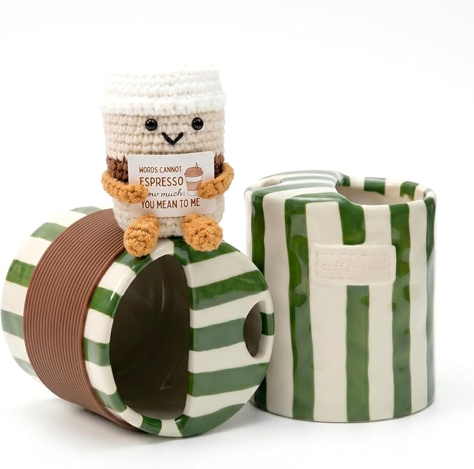 Coffee Lover Gift Set for Women Men, Ceramic Coffee Mug and Handmade Crochet