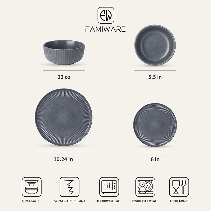 Famiware Ceramic Plates and Bowls Sets, Reactive Glaze Ribbed Dishes