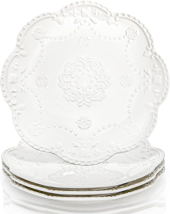 Tebery Set of 4 Ceramic Dinner Plate, 10.5 Inch Large Embossed Lace Salad