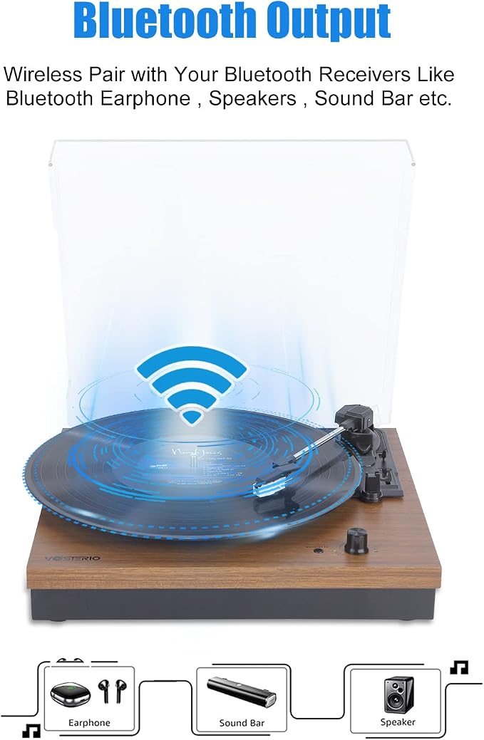 Bluetooth Record Player, 3-Speed Belt-Driven Turntable