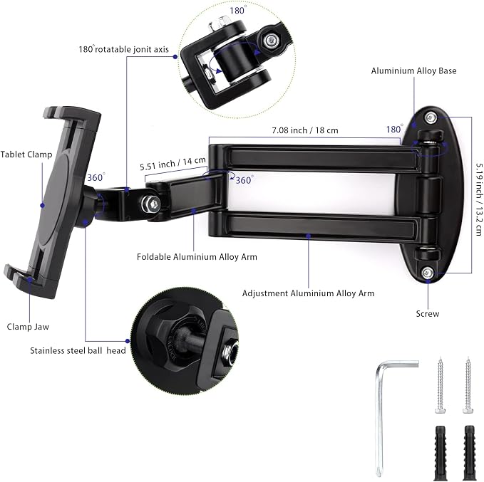 Foldable iPad Wall Mount Holder, Aluminium Extendable Tablet Wall Mount
