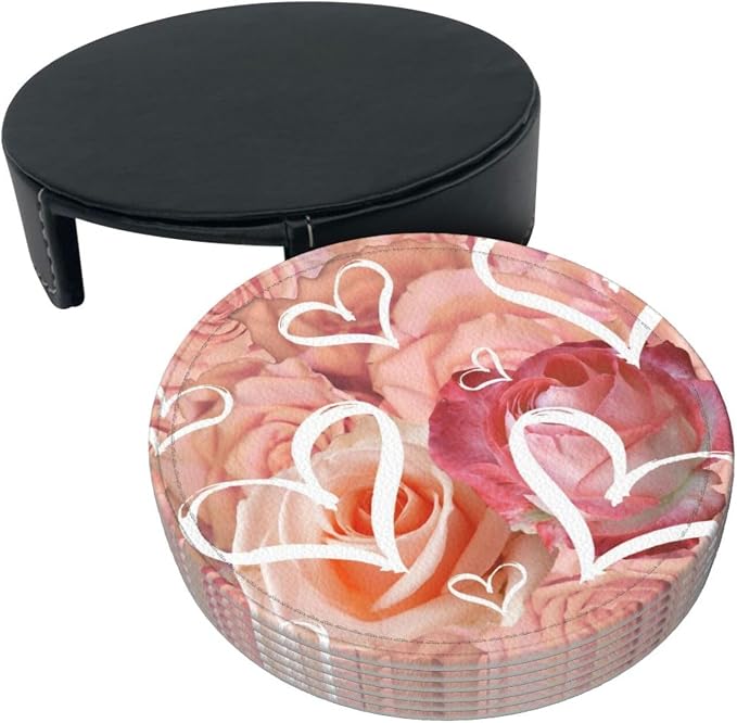 Drink Coasters with Holder Stand Set of 6, Heart Pink Rose Flower Pu Leather