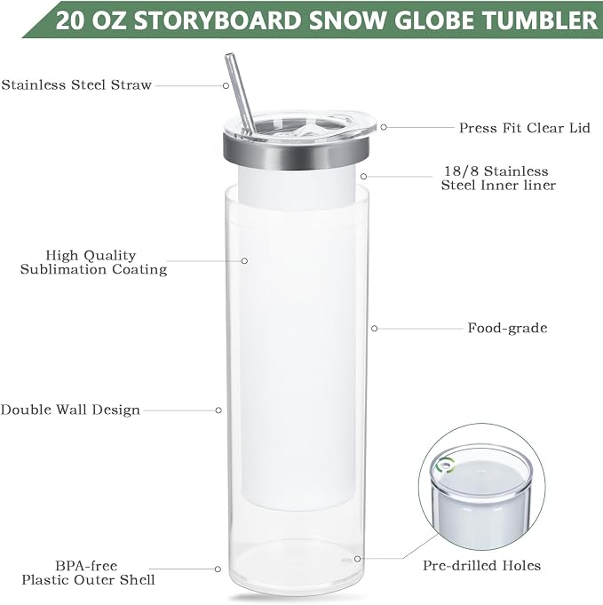 20 Oz 8 Pack Double Wall Pre Drilled Sublimation Storyboard Snow Globe Tumbler