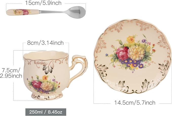 YOLIFE Tea Cup and Saucer Set, 8 OZ Flowering Shrubs Tea Cup Set | Ivory
