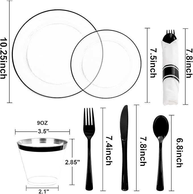 SUT 350 Pcs Black and Clear Plastic Dinnerware Set