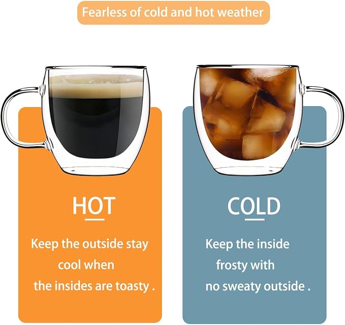Espresso Cups Set Of 2 8 Oz, Double Walled Glass Coffee Mugs