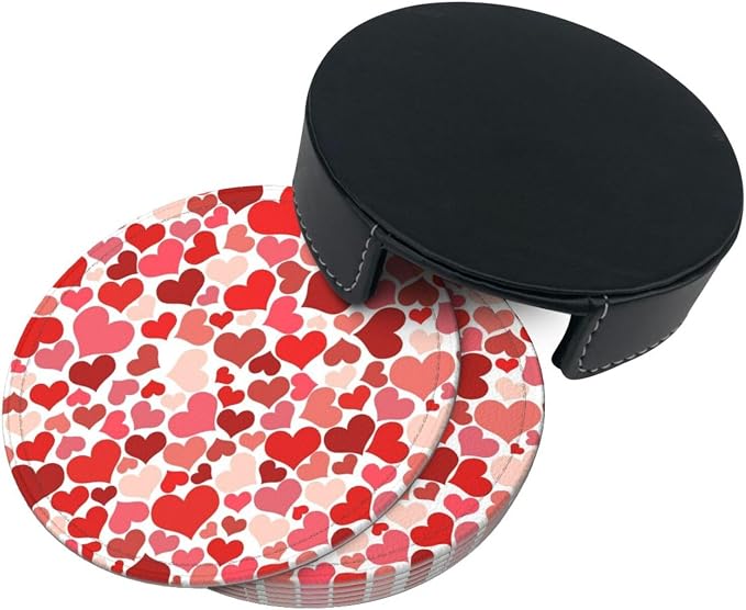 Drink Coasters with Holder Stand Set of 6, Heart Shaped Decoration Pu Leather