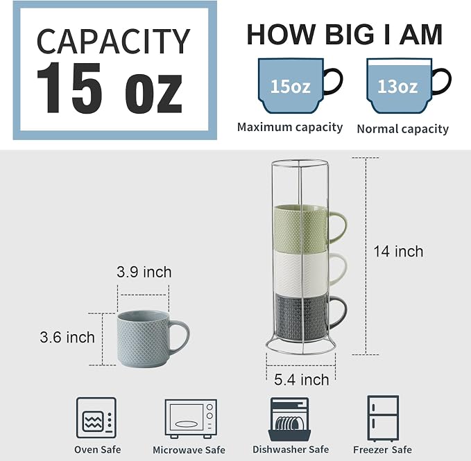 HASENSE Coffee Mugs with Metal Stand, 15 oz Ceramic Stackable Mug Set Embossed