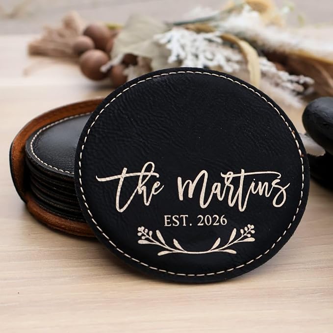 Custom Round Engraved Coasters, Personalized Leather Coaster, Laser Engraved