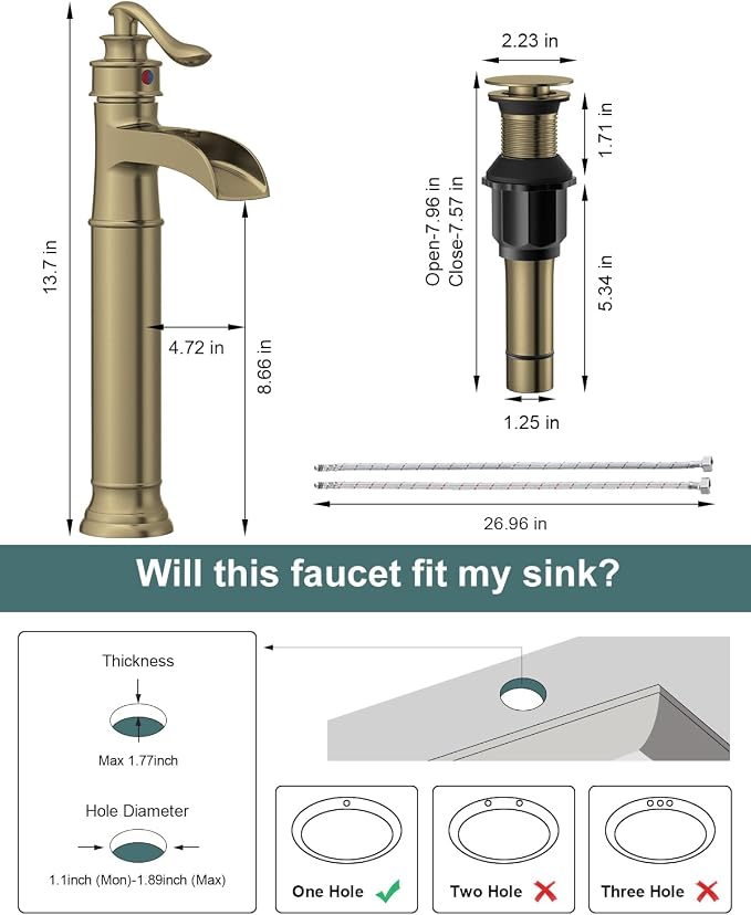 Vessel Sink Faucet Brushed Gold Waterfall Bathroom Sink Faucet Single