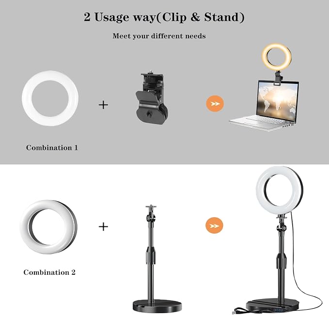 Desk Ring Light with Stand, Amcuke Ring Light with Clip 10W 3000K-6500K