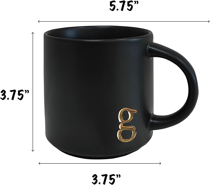 COLLECTIVE HOME Black Ceramic Coffee Mug, 15 oz Golden Monogram Tea Cup |