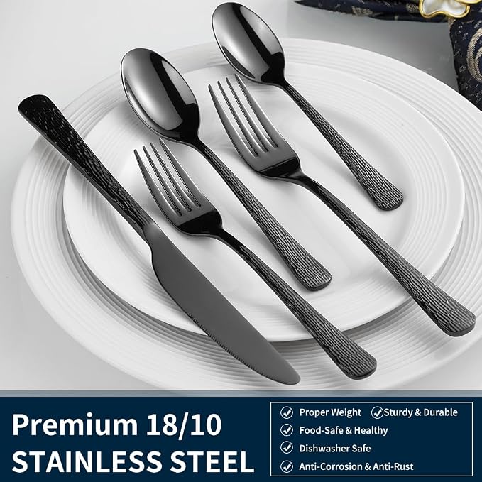 Hammered Black Silverware Set, Flatware Set, 18/10 Stainless Steel Premium