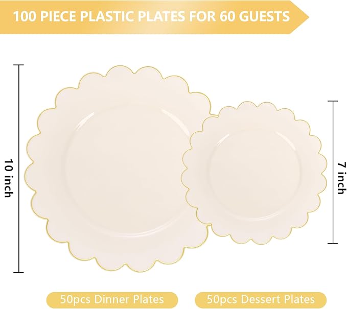 100pcs Scalloped Ivory Gold Plastic Plates, Elegant Party Plates | Includes 50