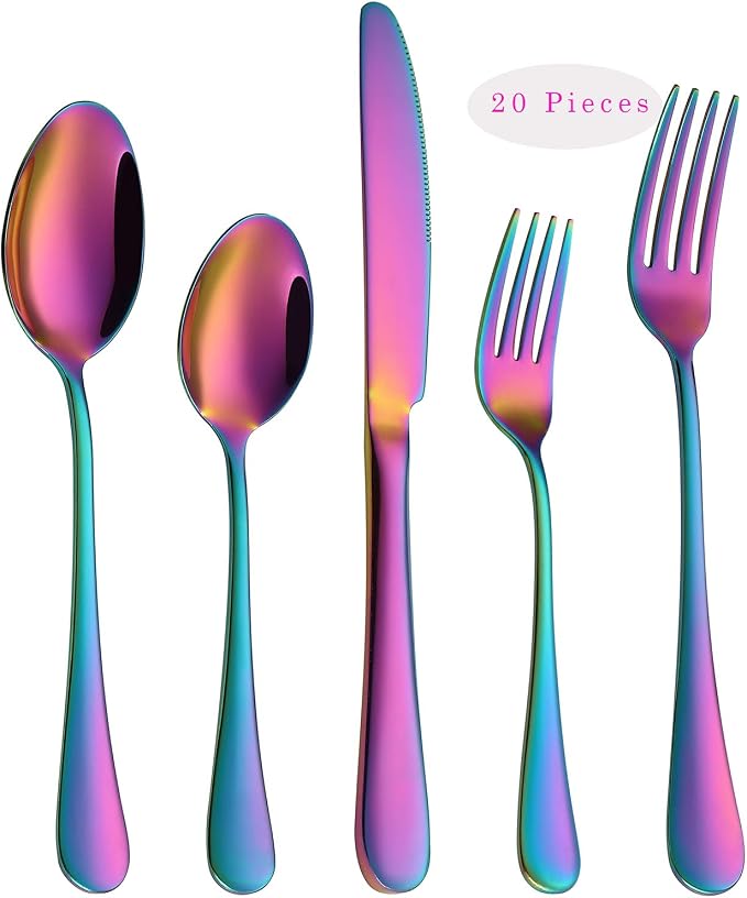 VANDBAO Rainbow Flatware Cutlery Silverware Set 20 Pieces, Stainless Steel