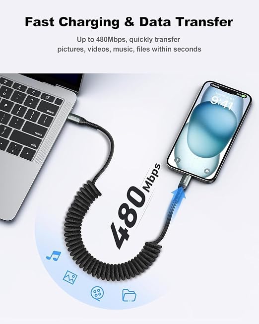 USB C Cable for Car 3FT/6FT, Coiled USB C to USB C Cable Fast Charging 66W