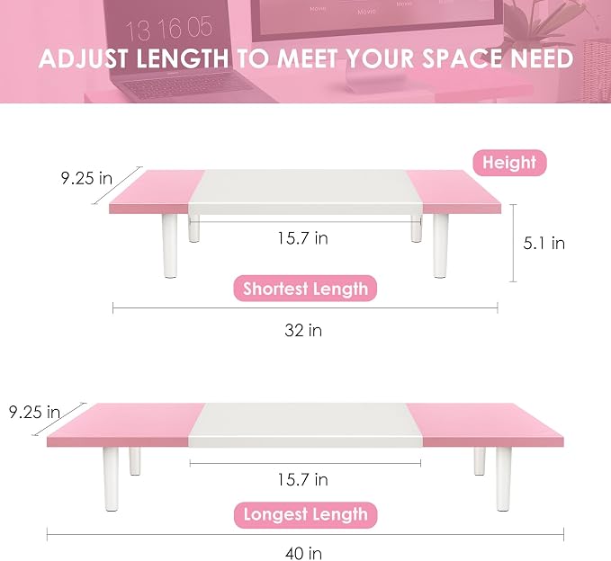 Dual-Monitor-Stand-Riser-For-Desk Adjustable Length 32-40 Inch，Large Desktop