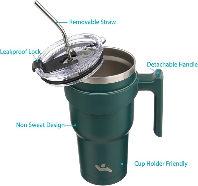 Konokyo 40 oz Tumbler with Handle and Straw, Insulated Travel Mug | Army Green;