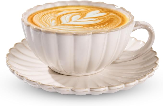 Ceramic Latte Cup with Saucer, 12 OZ Cappuccino Cup Vintage Cafe Art Cups