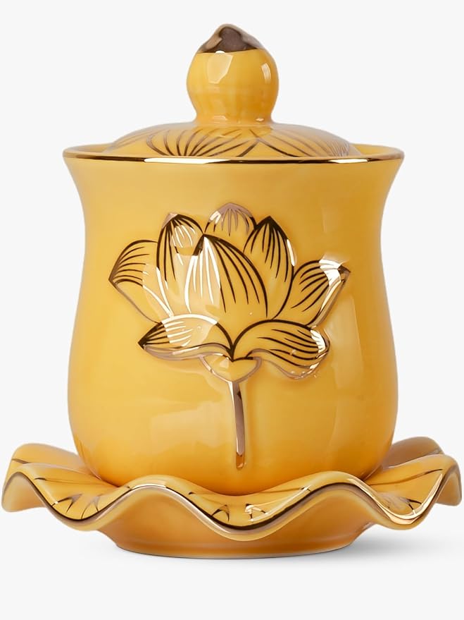 QINLANG Yellow Buddha Water Cup, Ceramic Holy Water Offering Cup