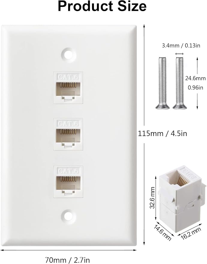 Ethernet Wall Plate, 3 Port Cat6 RJ45 Keystone Inline Coupler Wall Plate