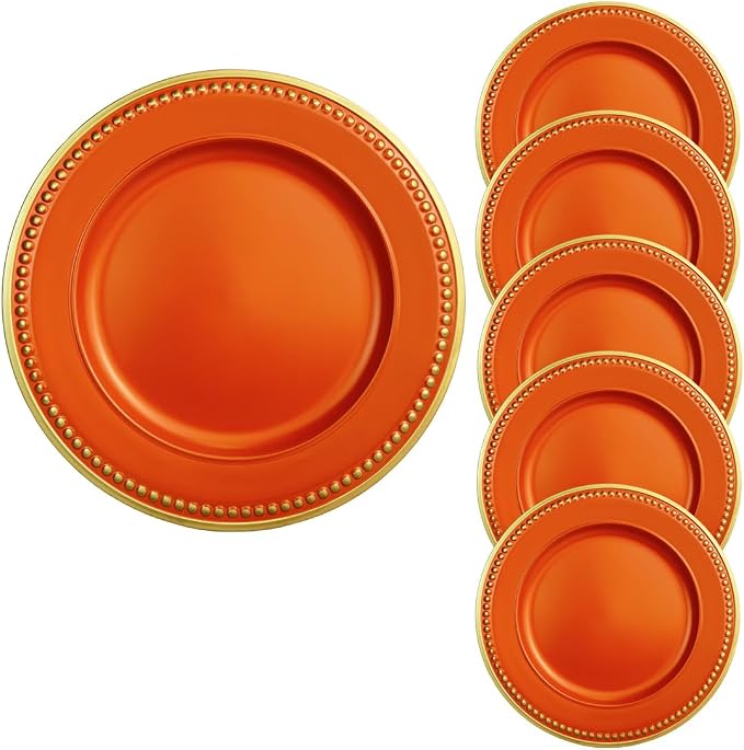 Orange Beaded Charger Plates, 13 Inch Plastic Round Chargers