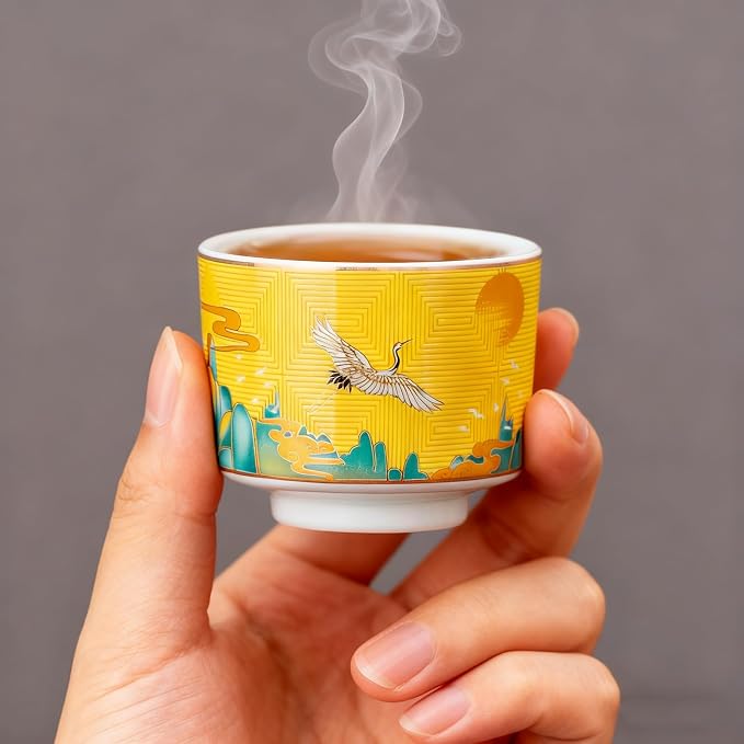 Chinese Tea Cups Set of 4, Crane Pattern Enamel Ceramic Cup, 4.3 oz | Handleless