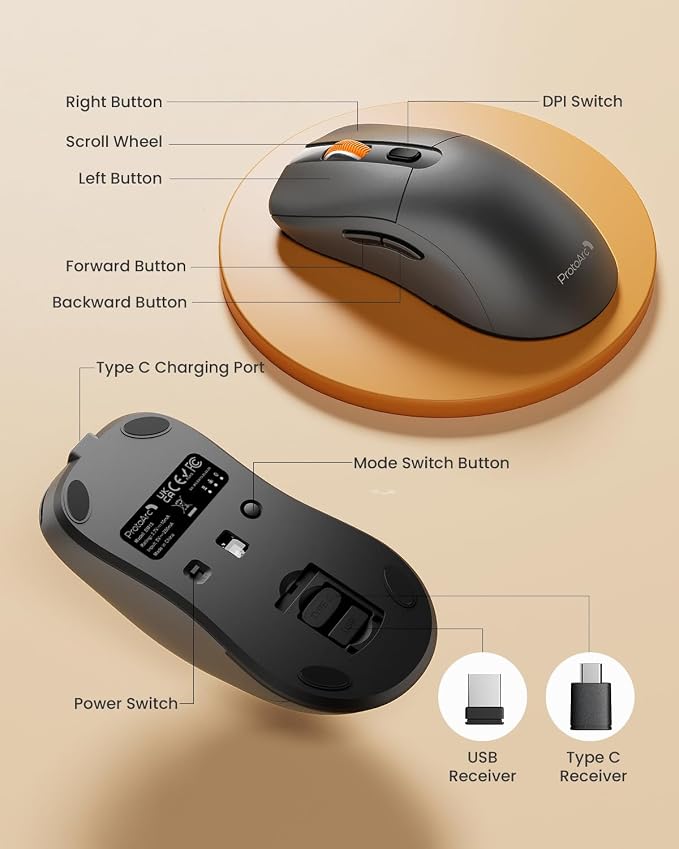 ProtoArc Bluetooth Wireless Mouse, USB C Mouse, EM15 Rechargeable Compact