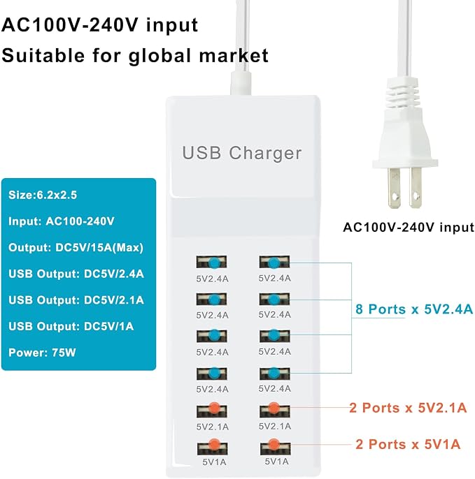 USB Charging Station with 12 Port Power Strip Fast Charging hub