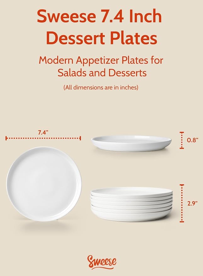 Sweese 7.4 Inch Porcelain Dessert Plates, Microwave Oven Safe