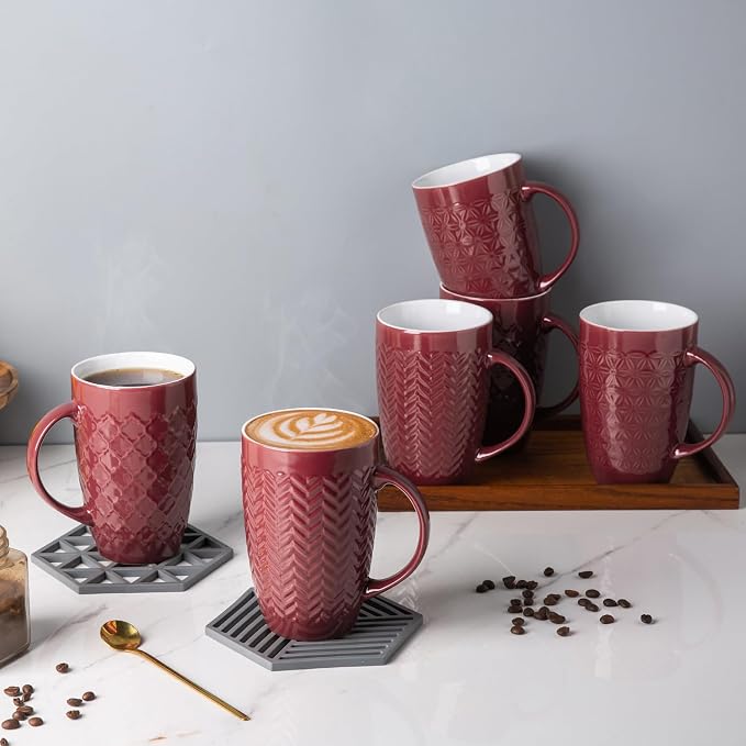 AmorArc 20 oz Large Coffee Mugs Set of 6, Embossed Ceramic Coffee Mugs