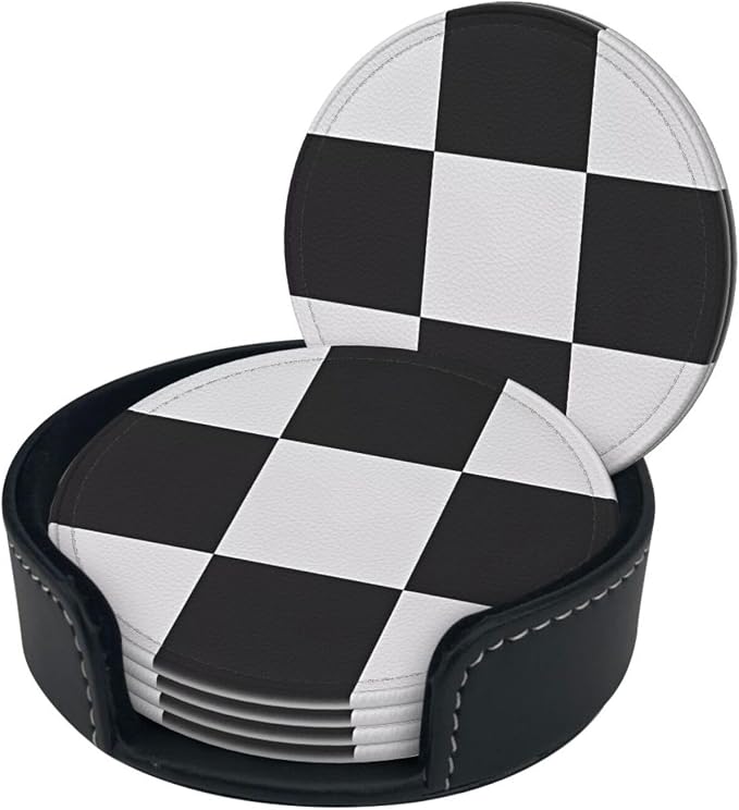 6 Pcs Black and White Checker Leather Coasters