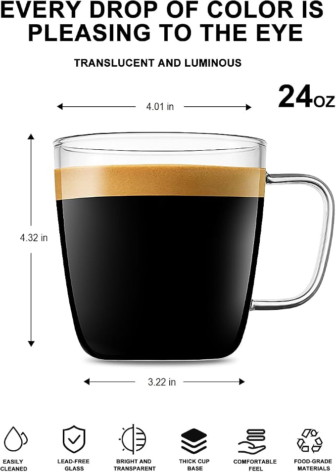 LUXU Glass Coffee Mugs, 24 oz Ice coffee cups, Large Beer Mugs Set of 2 |